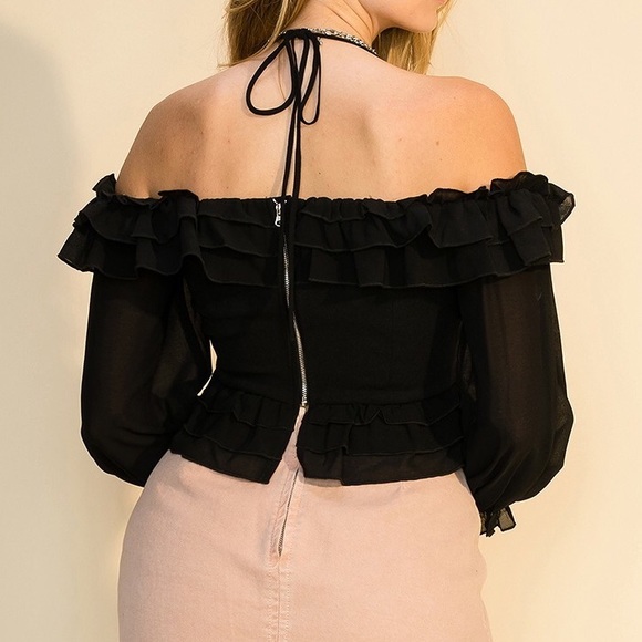 Black Ruffle Off the Shoulder Crop Top Size Large NWT - Picture 7 of 10